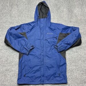 Columbia Omni-Tech Jacket Mens Small Blue Packable Hooded Waterproof Rain Shell